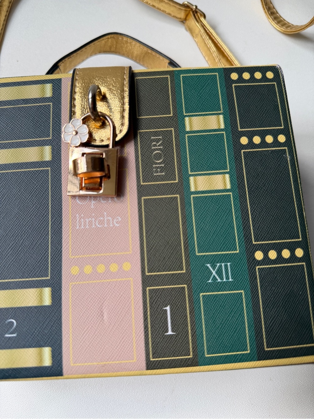 Book Box Crossbody Bag in Green, Burgundy, Blush & Gold - Picture 4 of 15